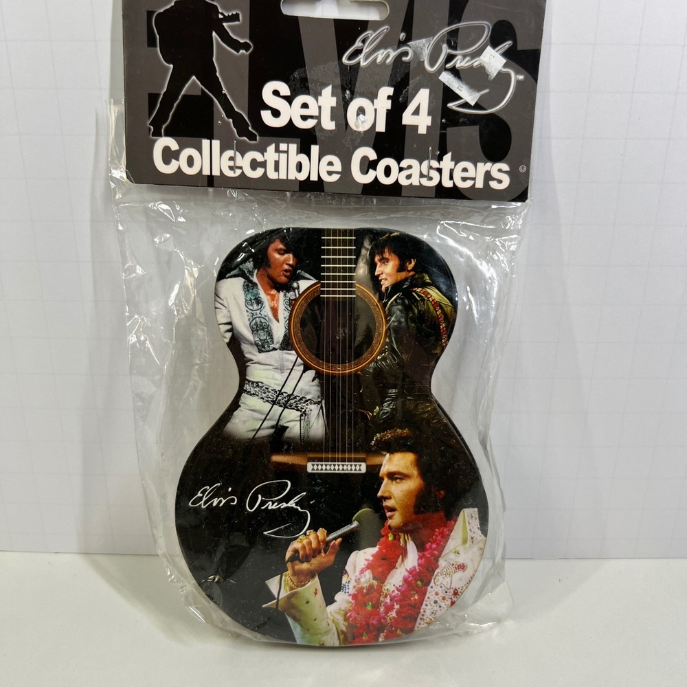 Elvis Presley Set of 4 Collectible Coasters Guitar Shape Mid-South Products NEW
